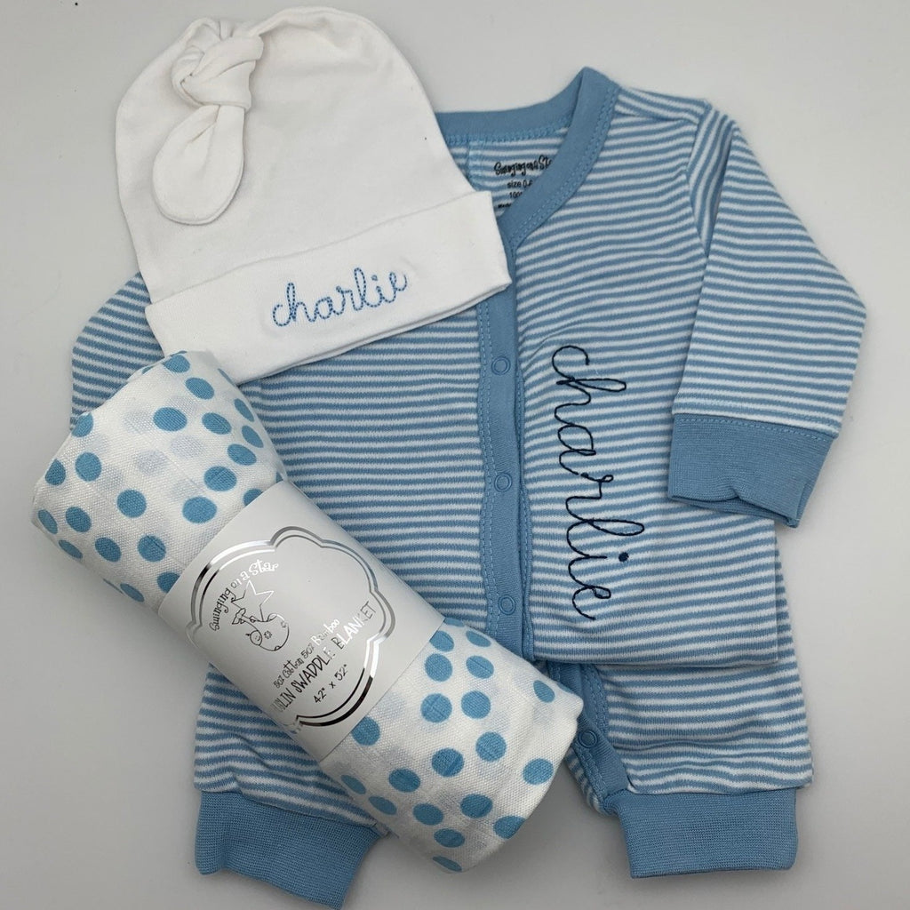 Welcome Baby Boy Box - Hat, snap outfit, swaddle blanket –  EmbroidertheOccasion